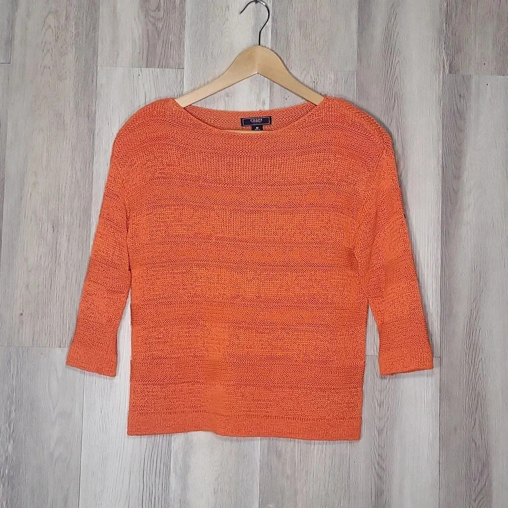 Chaps Womens Medium Orange‎ 3/4 Sleeve Open Knit Sweater Lightweight